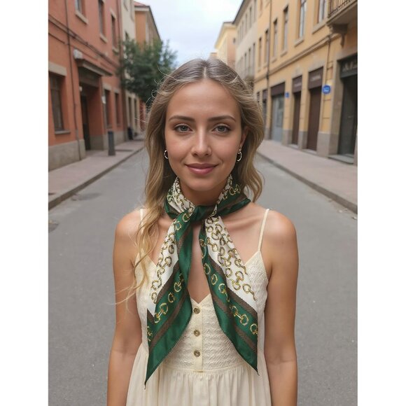 Women Green Double Headscarf Satin Bandana Pattern Polyester Breathable Scarves - Picture 4 of 7